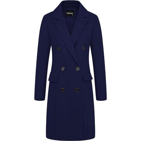 Women's Notched Lapel Collar Double Breasted Coat Blue
